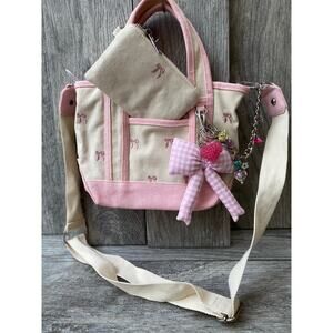 Madden Girl Mini Tote Pink Canvas Bow Bag with Charm & Pouch